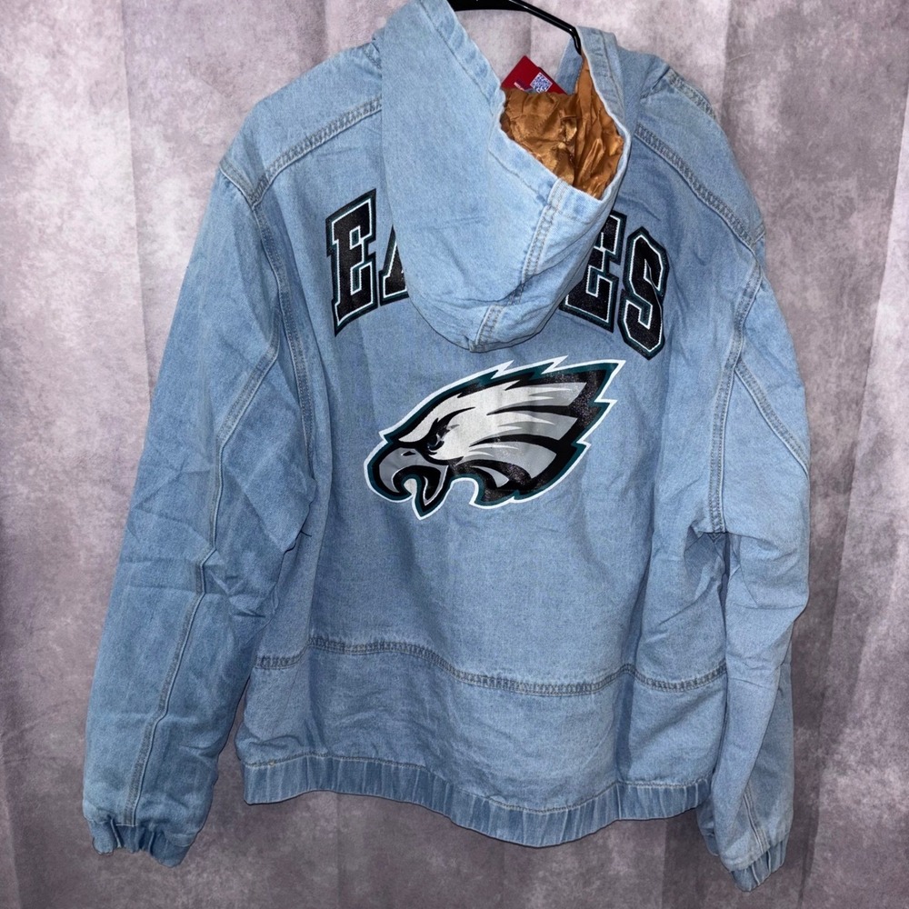 NWT NFL Philadelphia Eagles Blue Denim NFL Official Mens XL Heavy Hooded Jacket - Picture 2 of 8